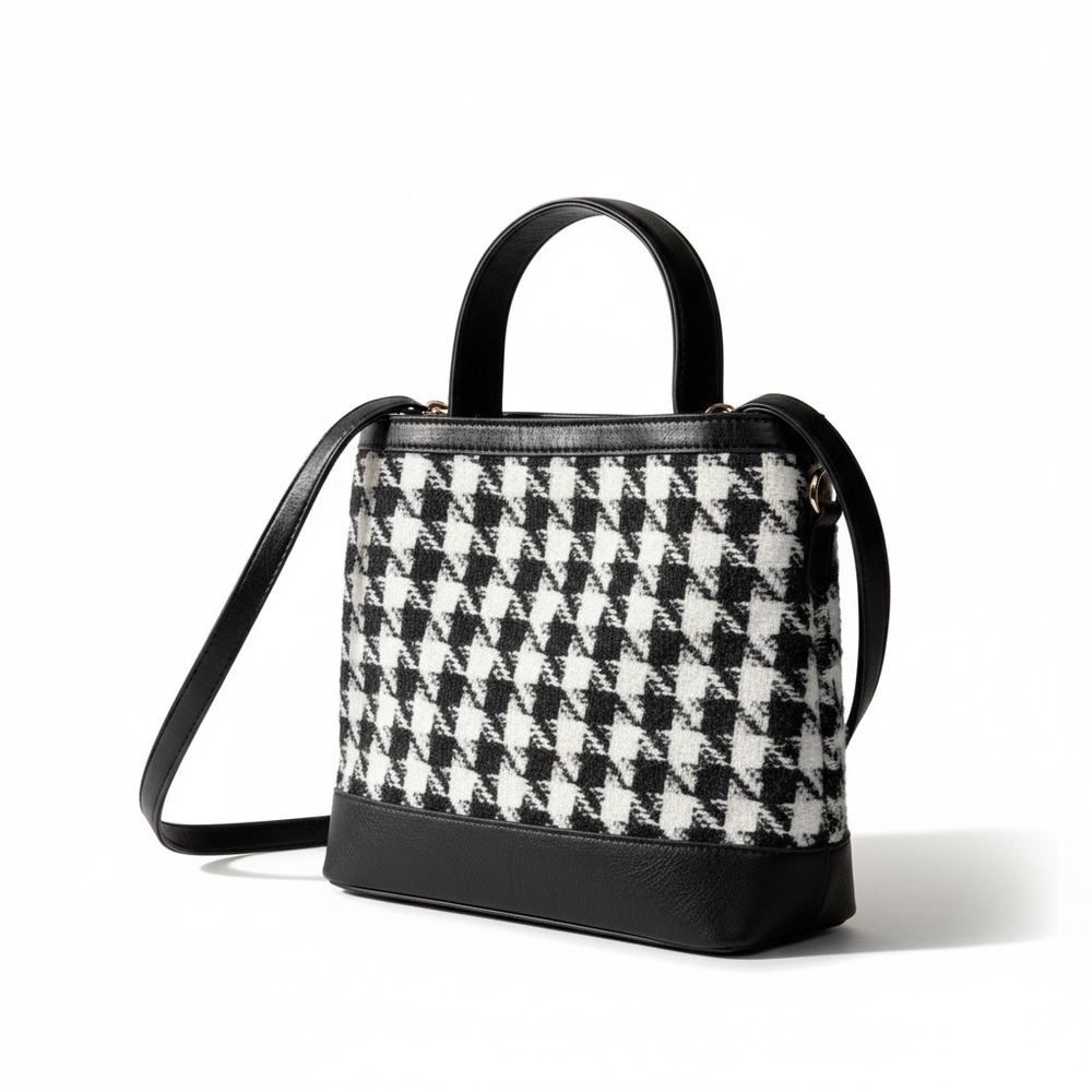 Jen & Co. Elodie Houndstooth Crossbody Vegan Leather Shoulder Bag Black‎ White